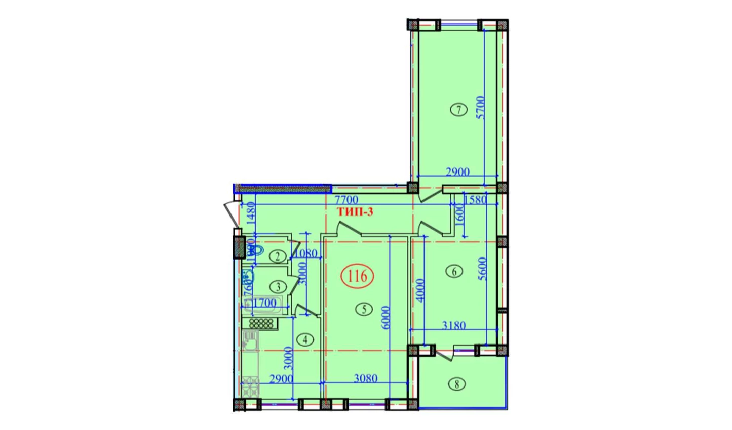 3-xonali xonadon 97.4 m²  6/6 qavat