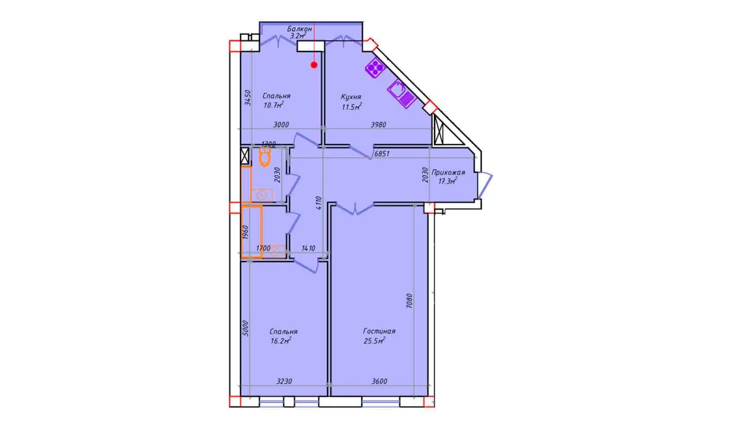 3-комнатная квартира 94.5 м²  3/3 этаж