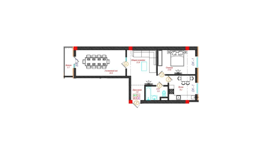 2-xonali xonadon 69.9 m²  11/12 qavat | CHINARA PARK Turar-joy majmuasi