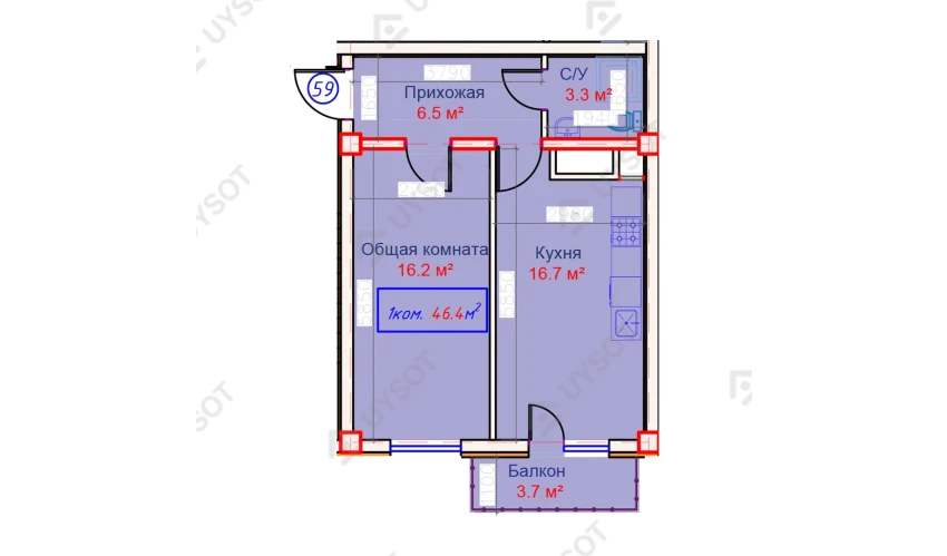 1-комнатная квартира 46.4 м²  2/9 этаж | Жилой комплекс QASHQADARYO