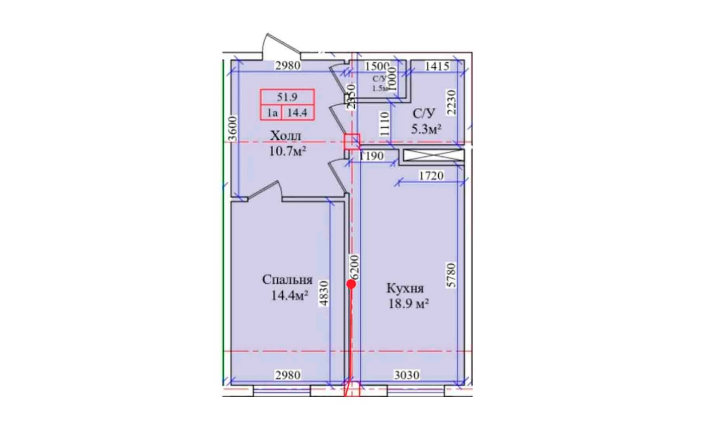 1-комнатная квартира 51.9 м²  1/1 этаж