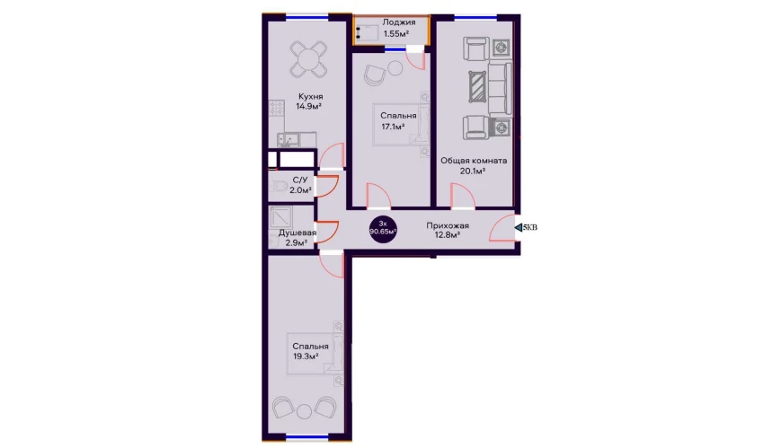 3-комнатная квартира 90.65 м²  14/16 этаж | Жилой комплекс Crystal Avenue