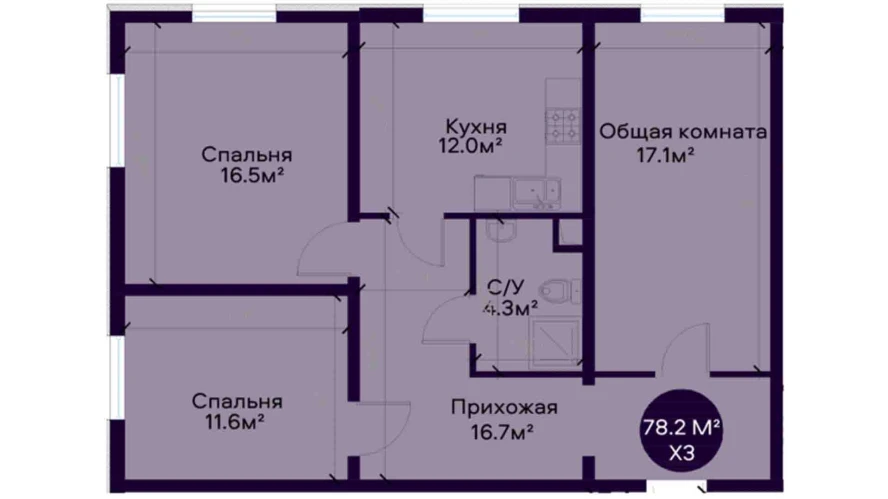 3-комнатная квартира 78.2 м²  1/1 этаж