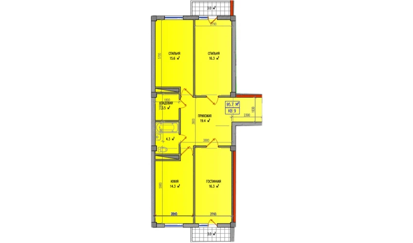 4-комнатная квартира 95.7 м²  2/2 этаж