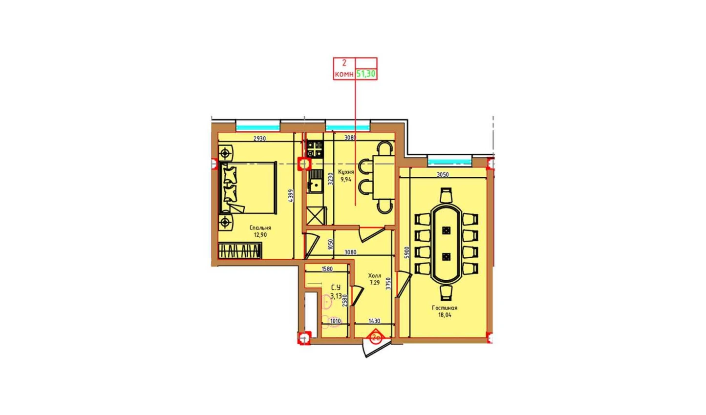 2-xonali xonadon 51.3 m²  1/1 qavat