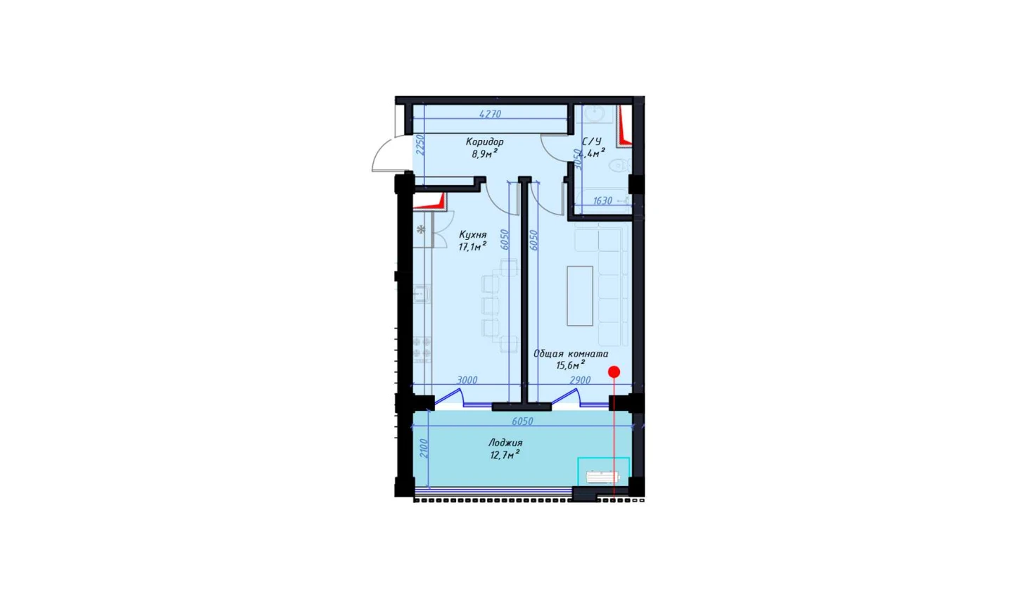 1-комнатная квартира 58.6 м²  13/13 этаж