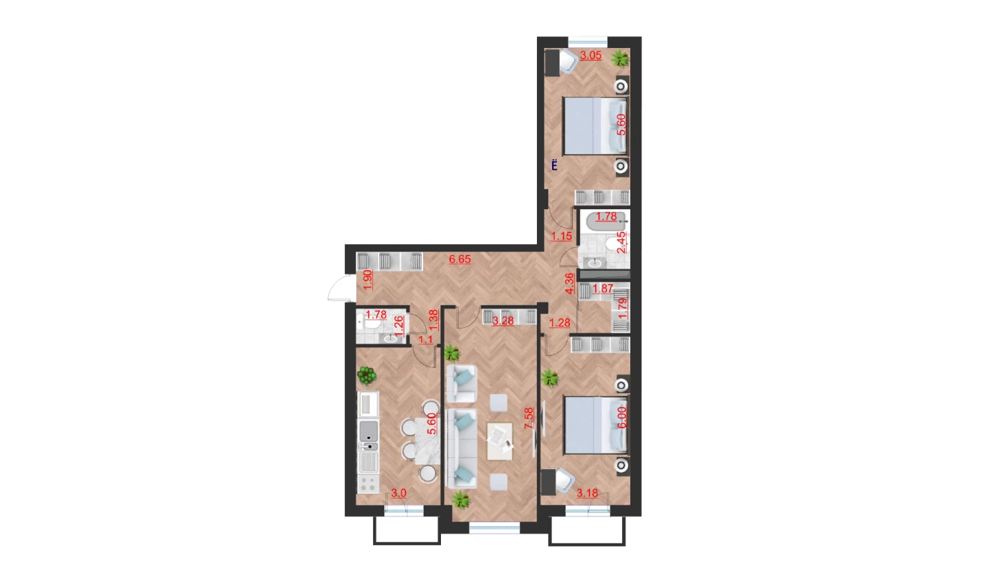 3-xonali xonadon 111.53 m²  7/7 qavat