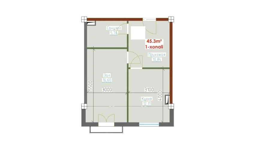 1-комнатная квартира 45.3 м²  8/8 этаж