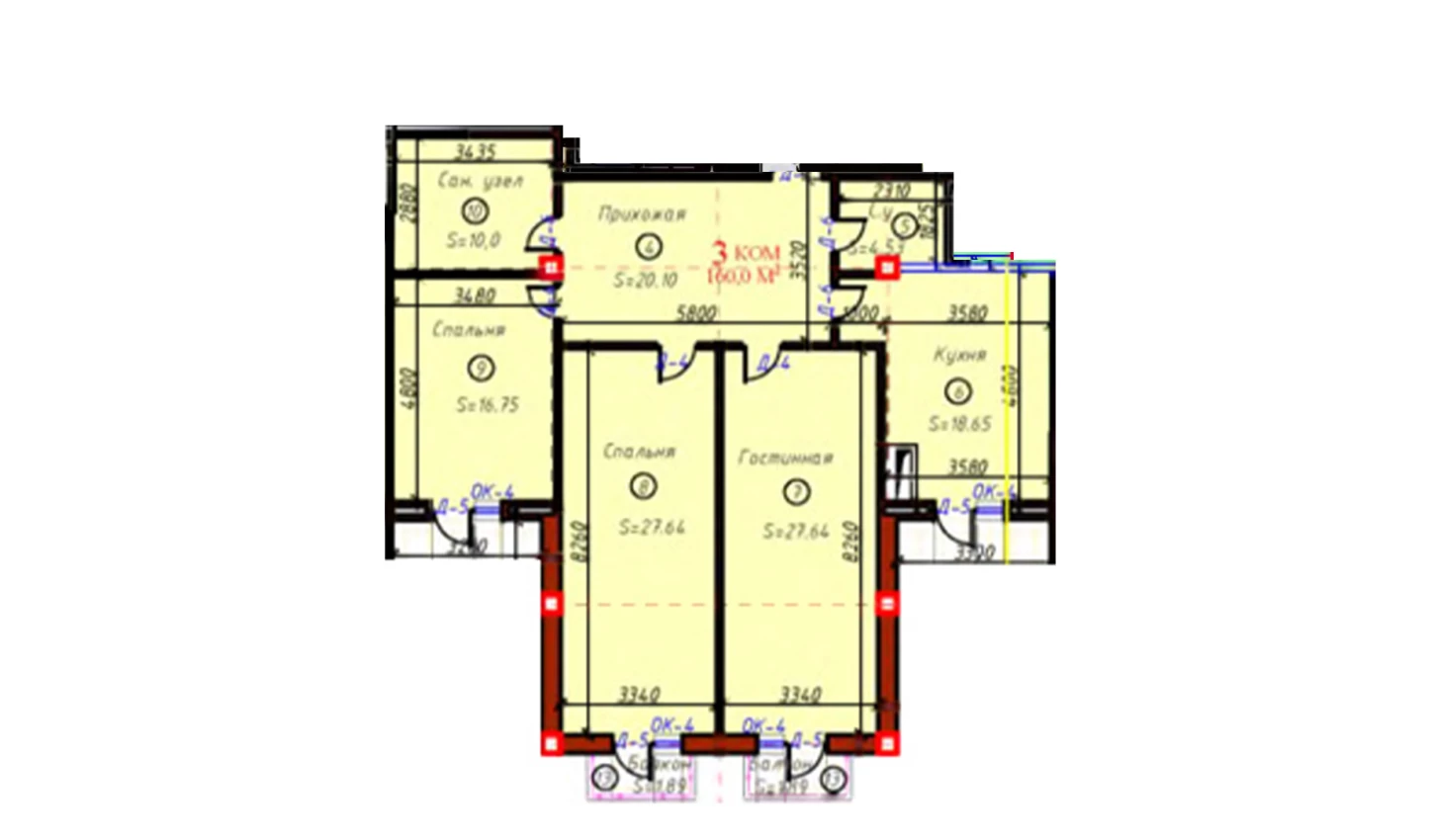 3-комнатная квартира 160 м²  9/9 этаж