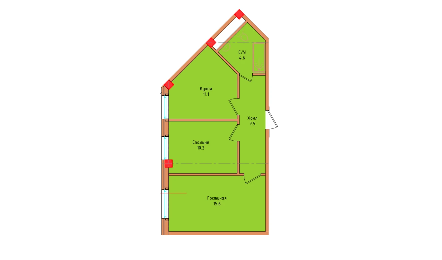 2-комнатная квартира 49 м²  1/1 этаж