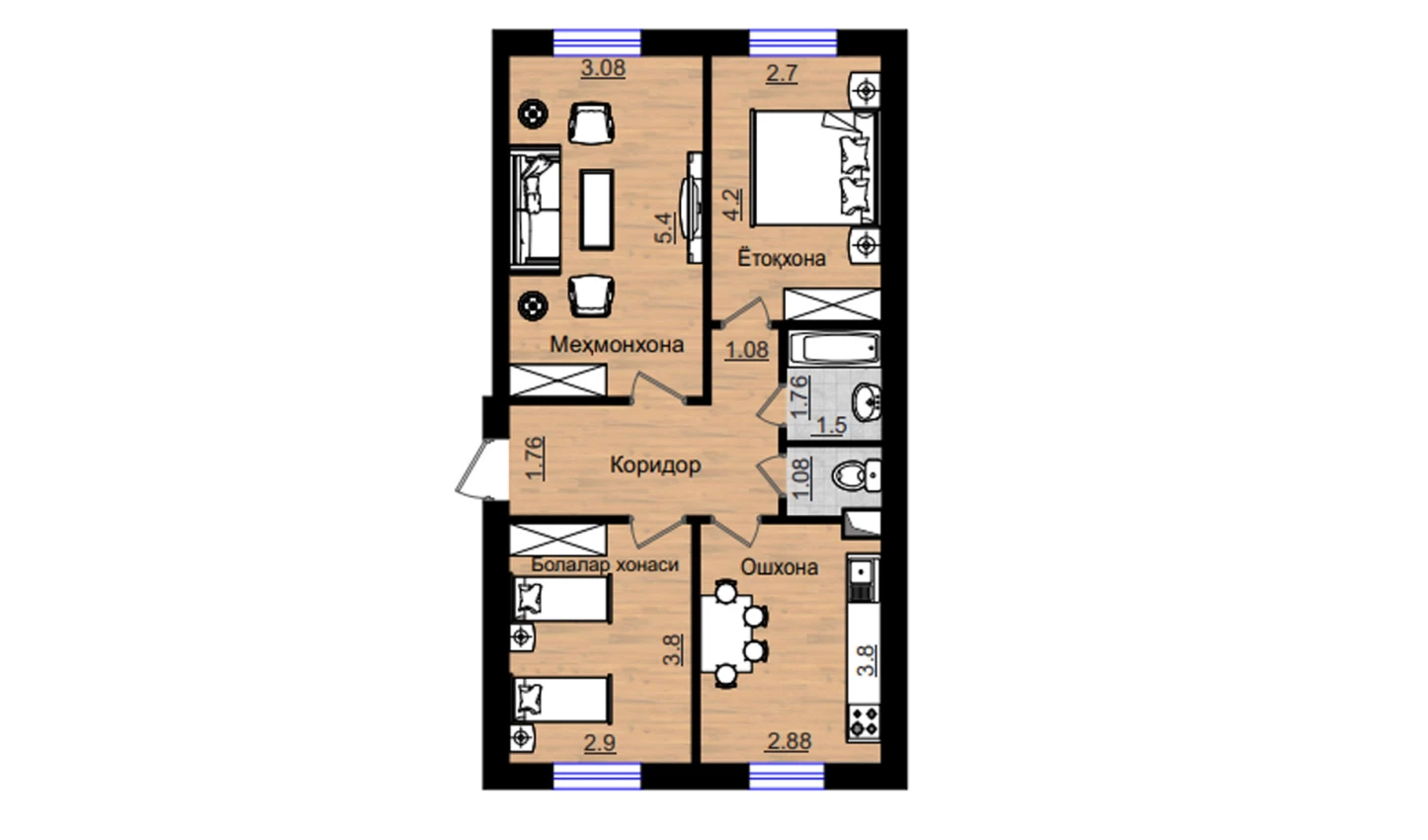 3-комнатная квартира 72.64 м²  1/1 этаж