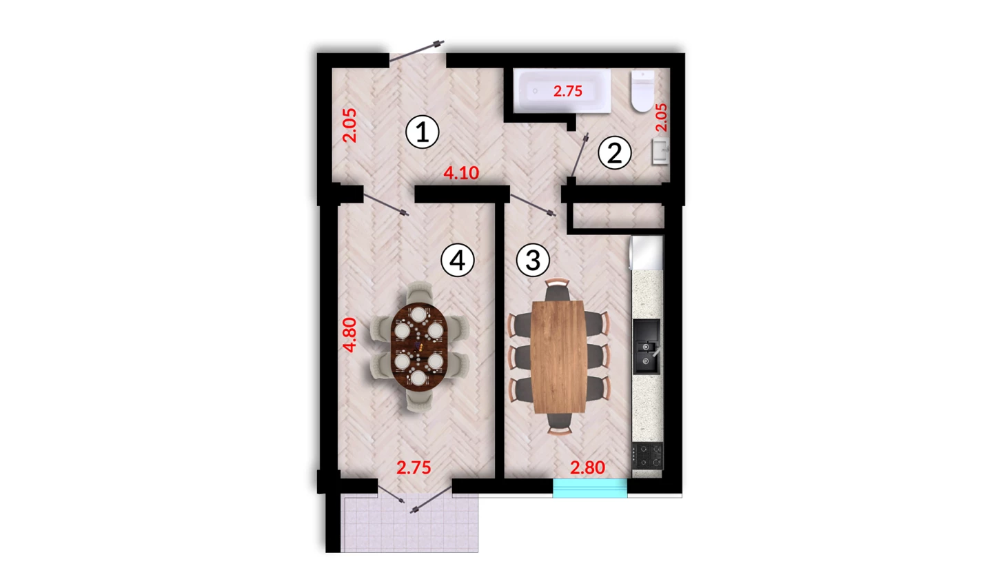 1-комнатная квартира 40.7 м²  4/4 этаж