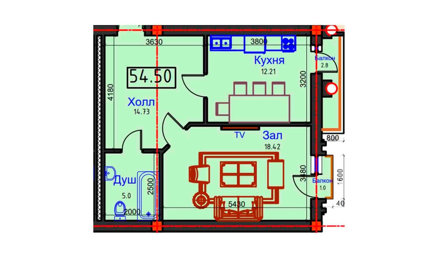 1-xonali xonadon 54.5 m²  8/8 qavat