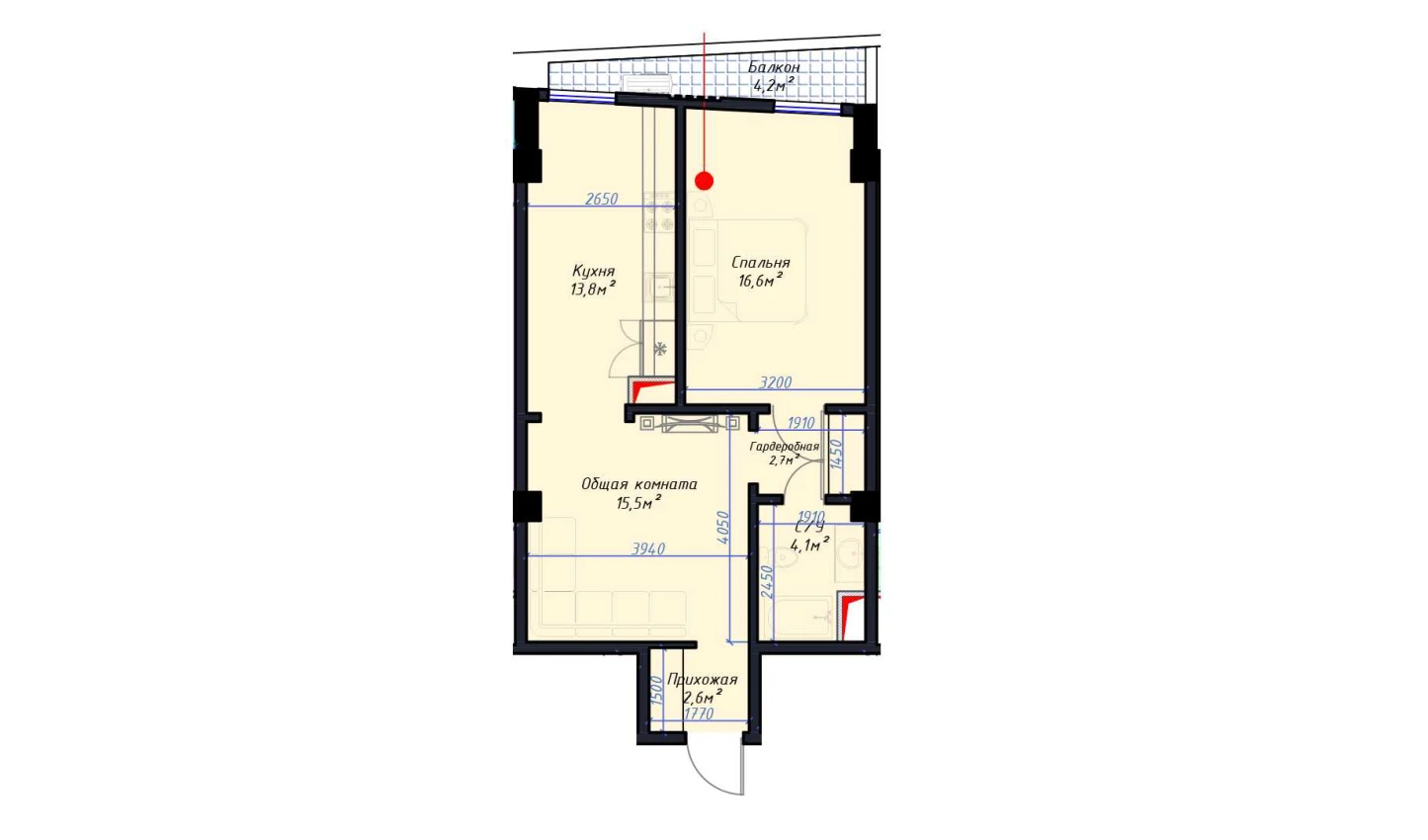 2-комнатная квартира 56.56 м²  13/13 этаж