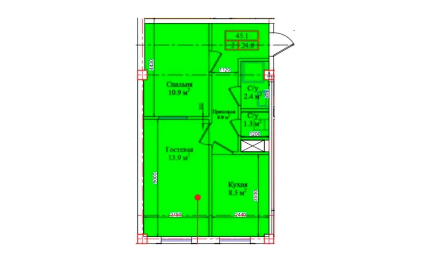 2-xonali xonadon 45.1 m²  1/1 qavat