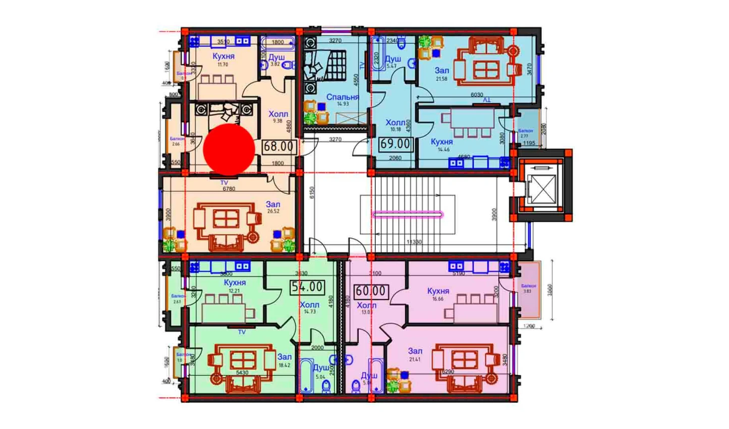 2-комнатная квартира 68 м²  7/7 этаж