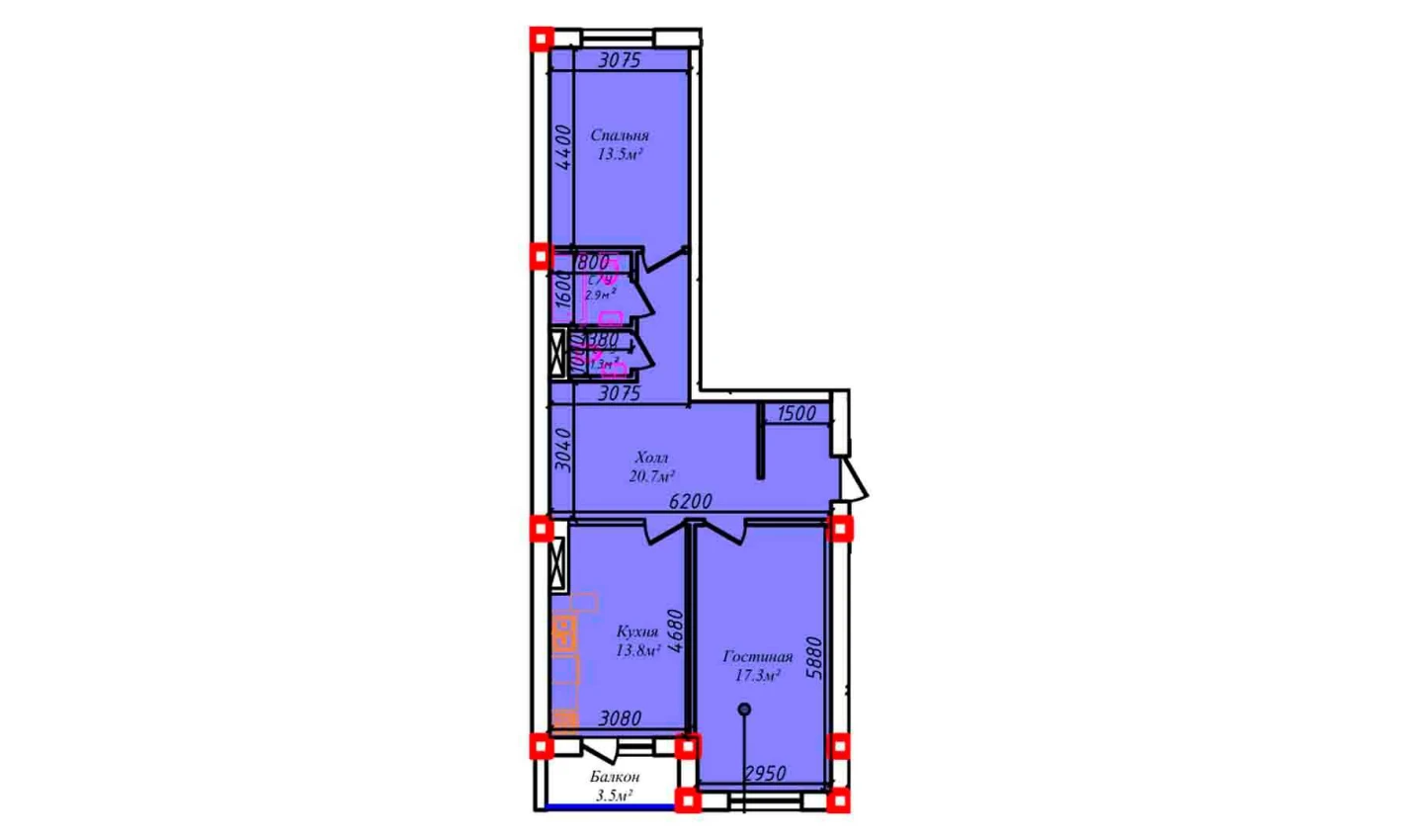 2-xonali xonadon 74.1 m²  4/4 qavat