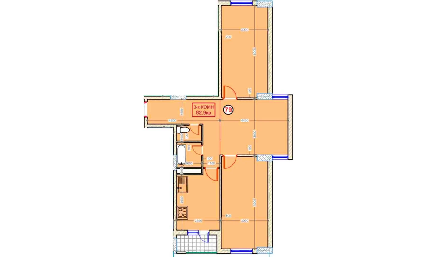 3-комнатная квартира 82.9 м²  9/9 этаж