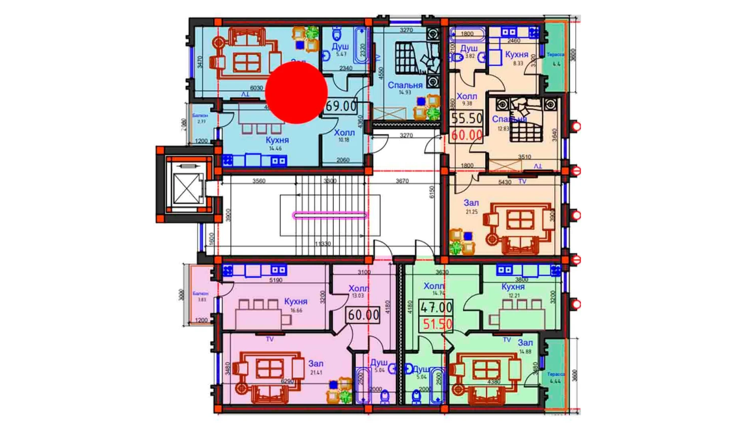 2-комнатная квартира 69 м²  9/9 этаж