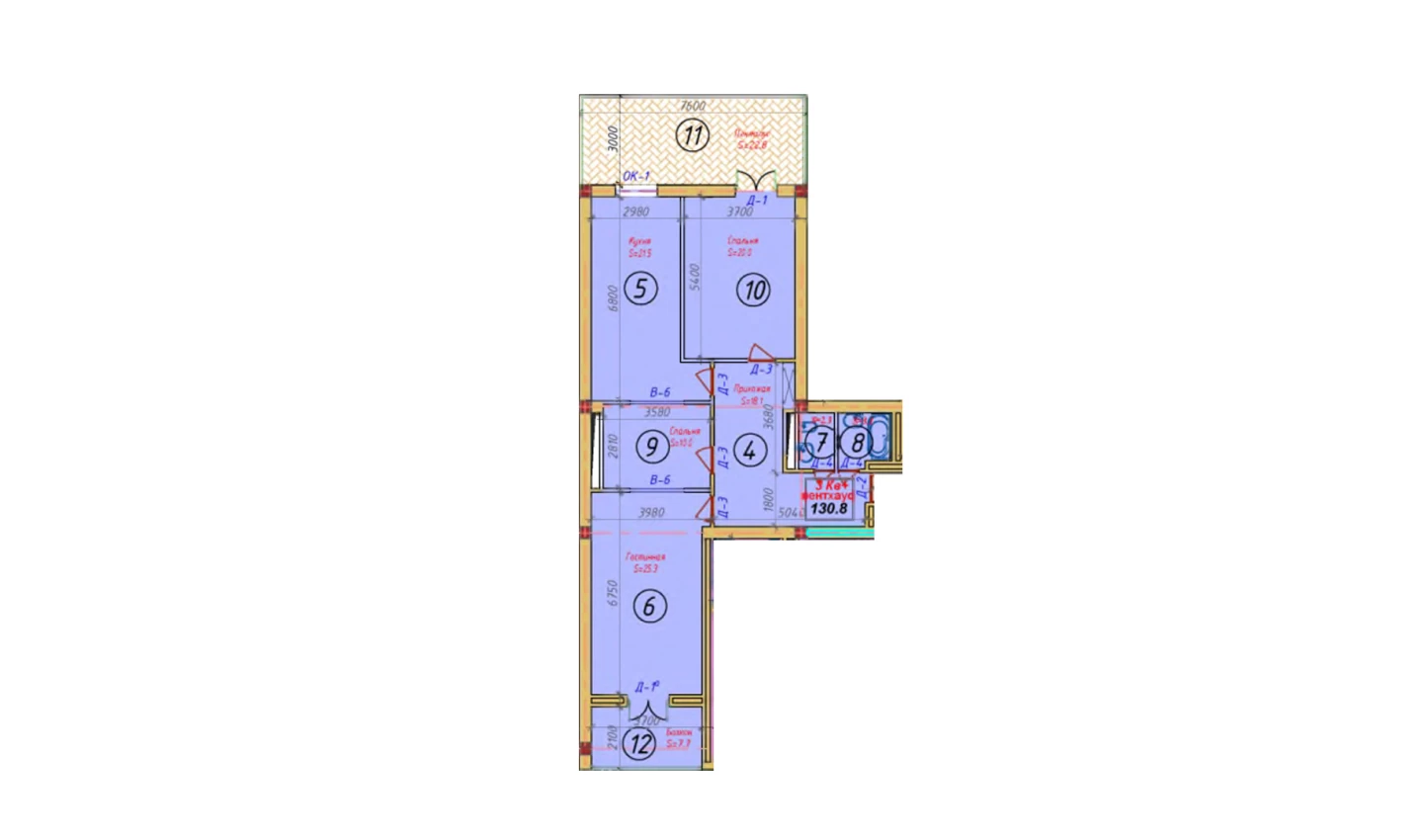 4-комнатная квартира 130.8 м²  3/3 этаж