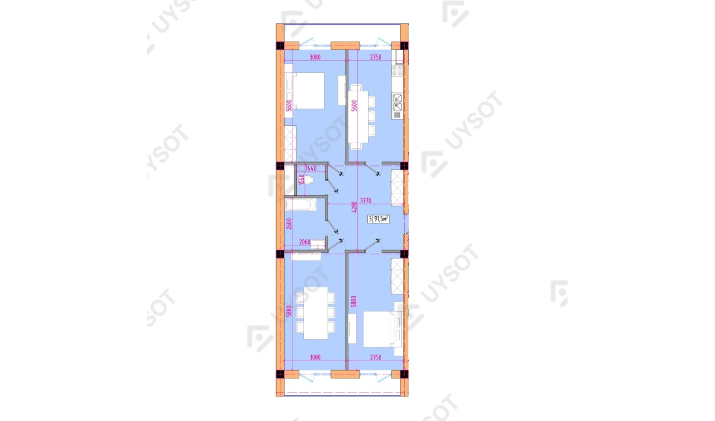 3-xonali xonadon 91.5 m²  12/12 qavat