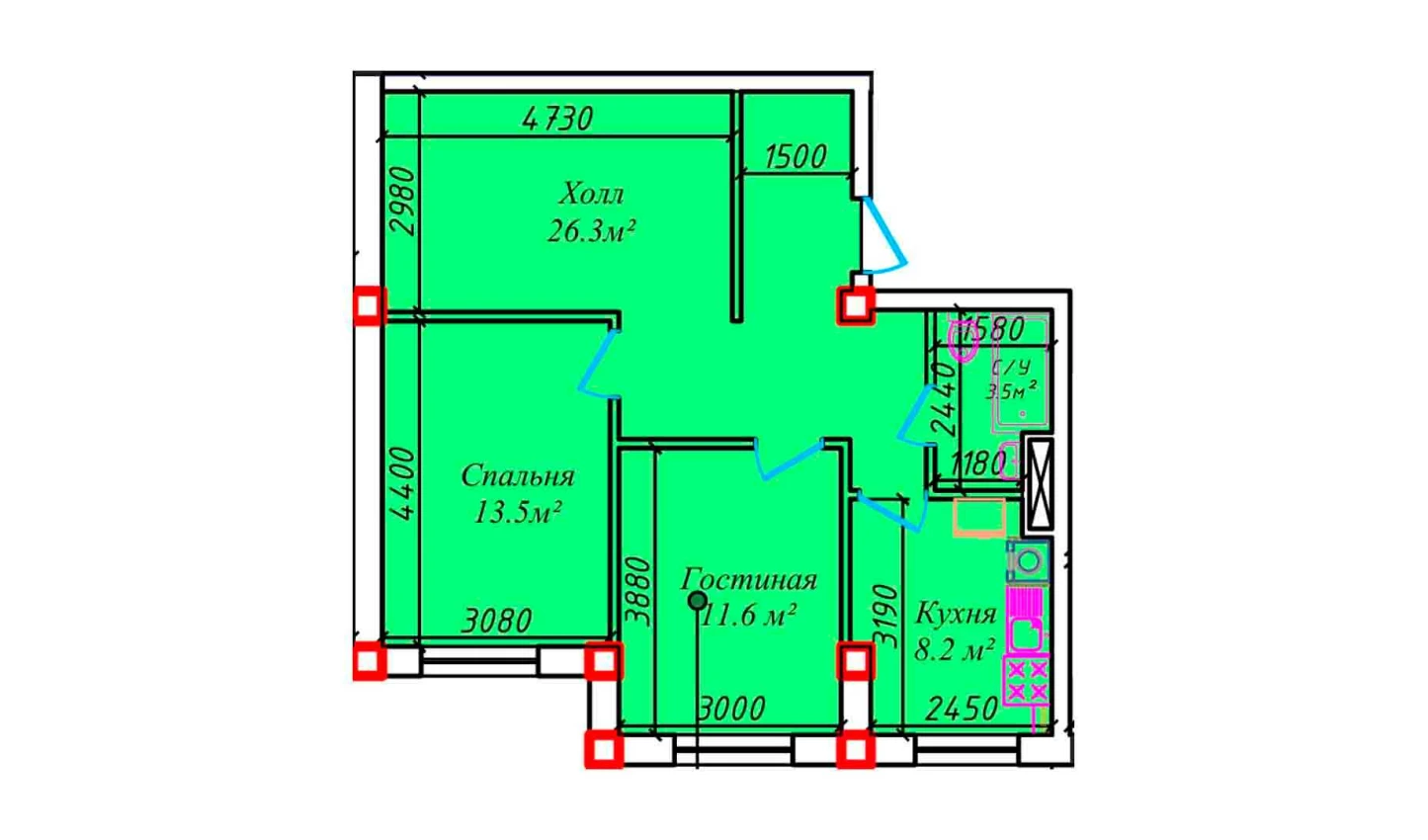 2-xonali xonadon 68 m²  1/1 qavat