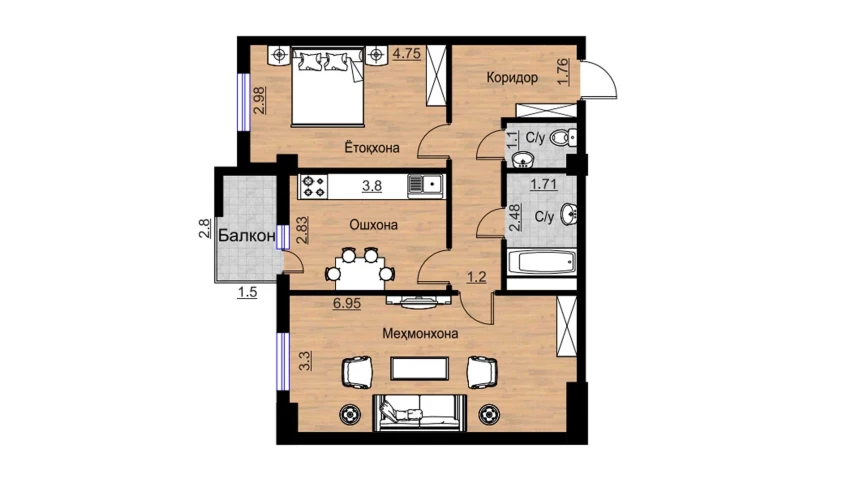 2-xonali xonadon 74.75 m²  13/16 qavat | BRILLIANT Turar-joy majmuasi