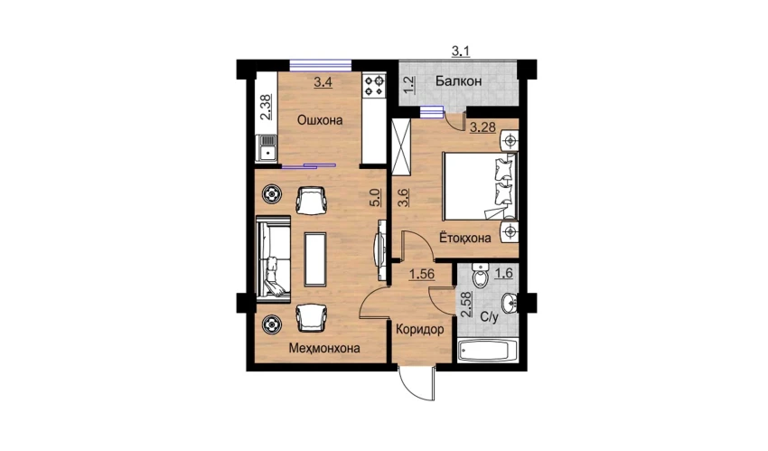 2-xonali xonadon 53.89 m²  16/16 qavat | BRILLIANT Turar-joy majmuasi