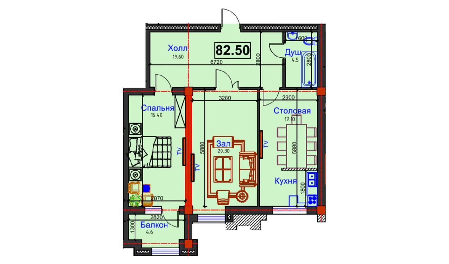 2-комнатная квартира 82.5 м²  1/1 этаж