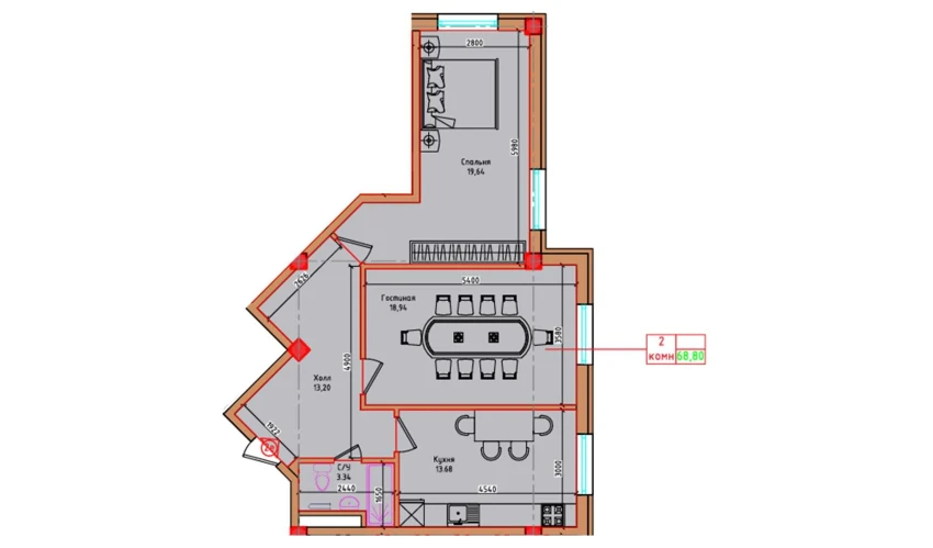 2-комнатная квартира 68.8 м²  8/8 этаж | Жилой комплекс "Markaz"