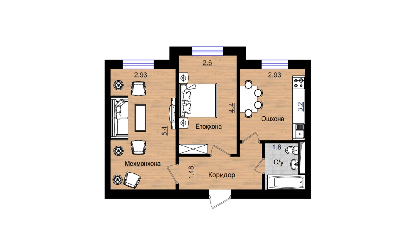 2-xonali xonadon 53.73 m²  1/1 qavat