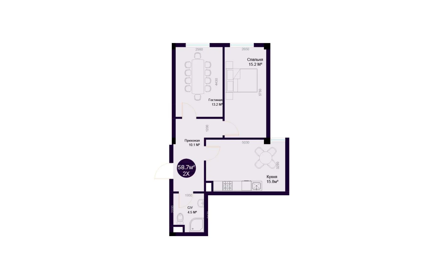 2-комнатная квартира 58.7 м²  1/1 этаж