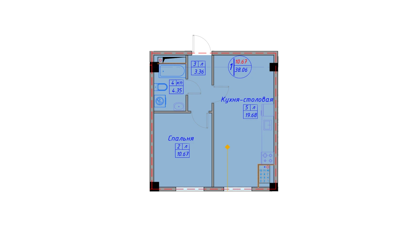 1-комнатная квартира 42.16 м²  1/1 этаж