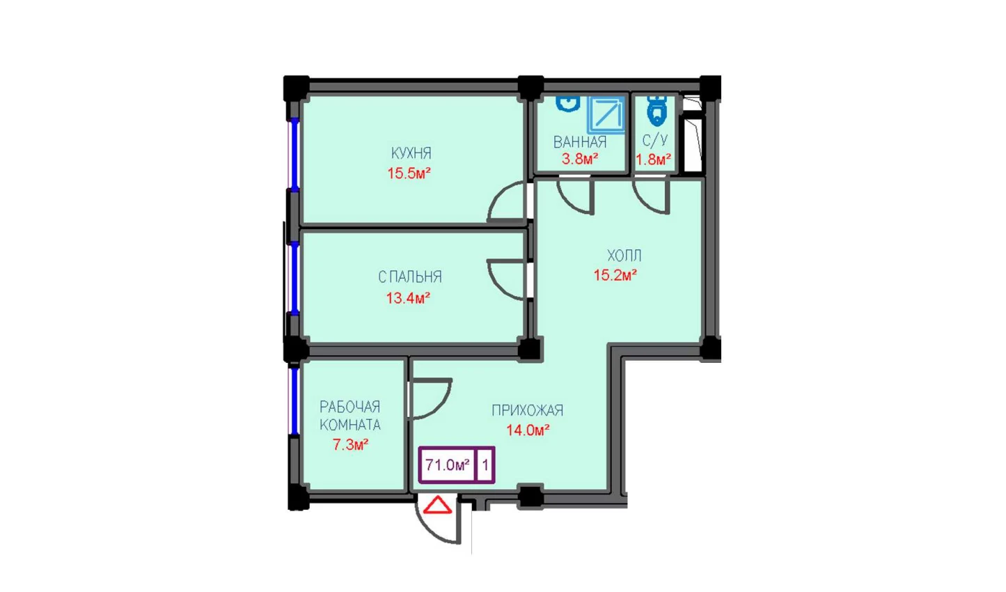 3-xonali xonadon 71 m²  0/0 qavat