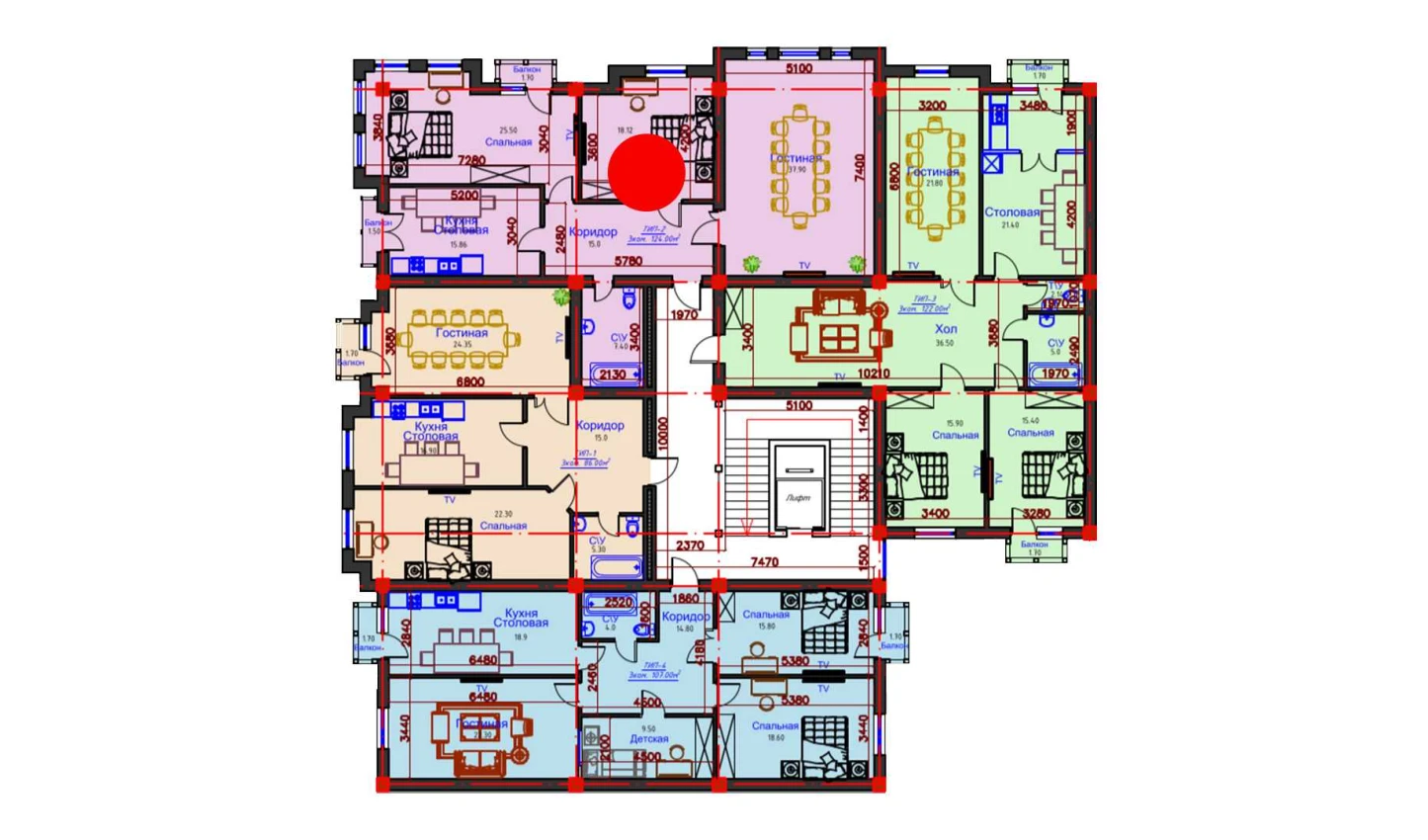 6-комнатная квартира 124 м²  9/9 этаж