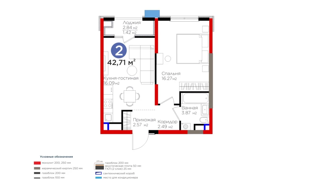 2-xonali xonadon 42.71 m²  9/9 qavat