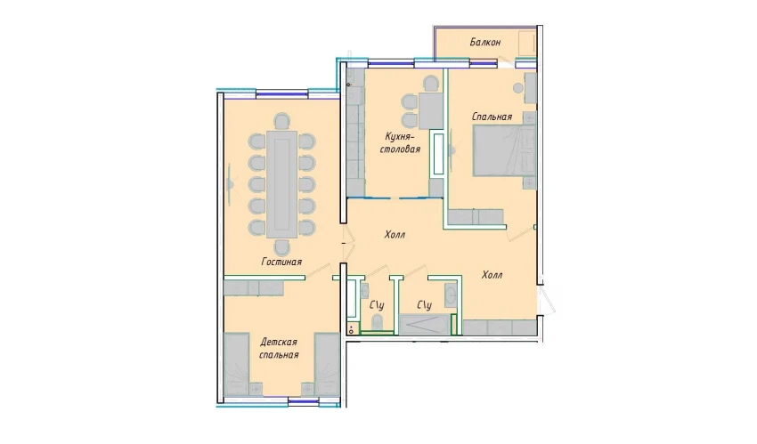 3-xonali xonadon 87.34 m²  1/12 qavat | SERGELI CITY Turar-joy majmuasi