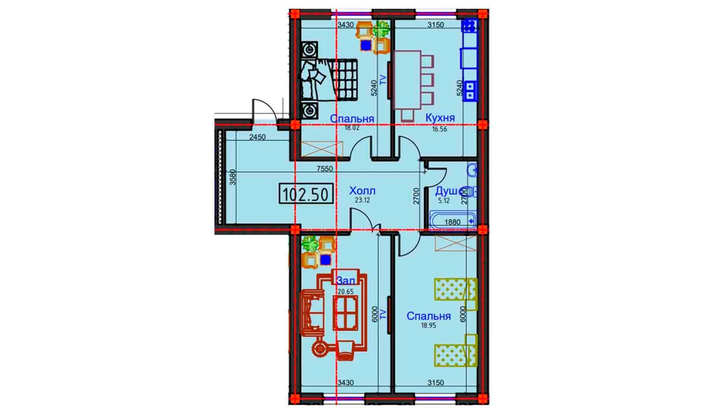 3-комнатная квартира 102.5 м²  1/1 этаж