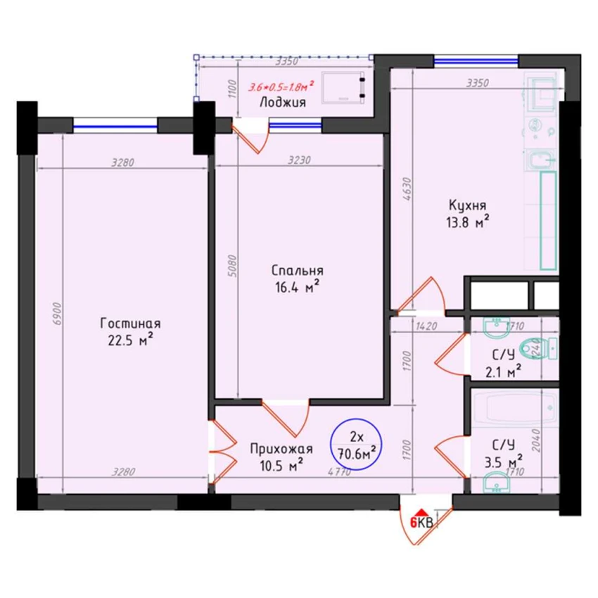 2-xonali xonadon 70.6 m²  1/25 qavat | Brilliant City Turar-joy majmuasi