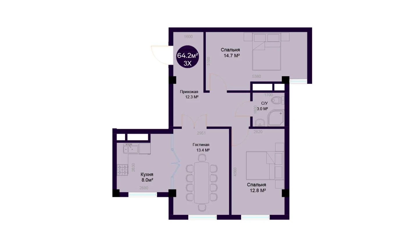 3-комнатная квартира 64.2 м²  7/7 этаж