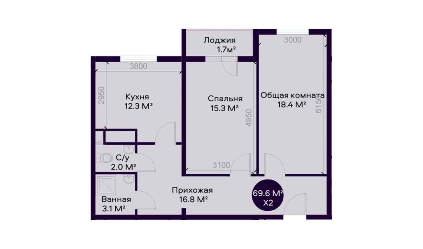 2-комнатная квартира 69.6 м²  4/4 этаж