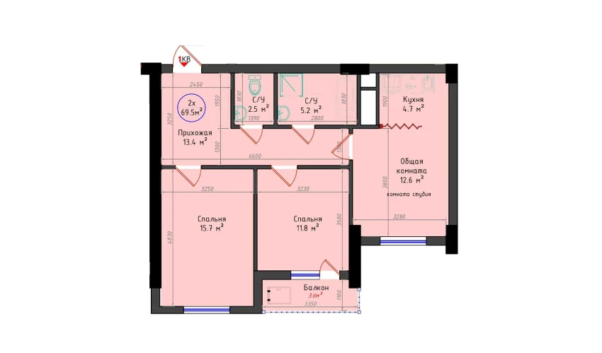 2-xonali xonadon 69.5 m²  2/23 qavat | Brilliant City Turar-joy majmuasi