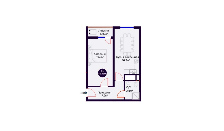 2-комнатная квартира 46.35 м²  11/16 этаж | Жилой комплекс Crystal Avenue