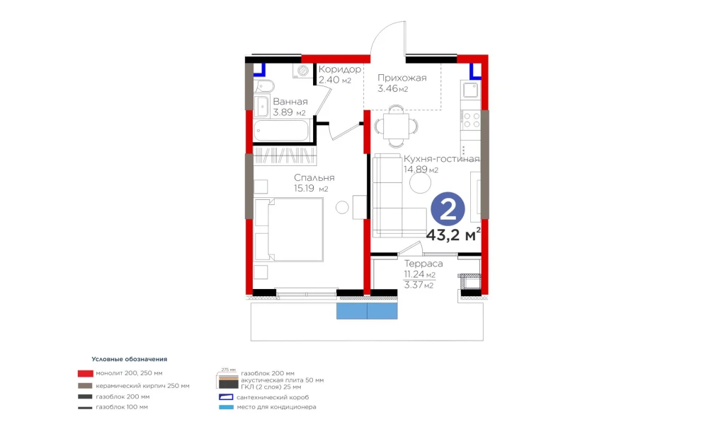 2-комнатная квартира 43.2 м²  3/3 этаж