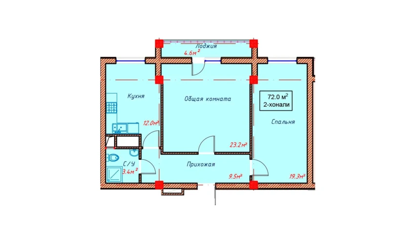 2-xonali xonadon 72 m²  3/10 qavat | Orzular Turar-joy majmuasi