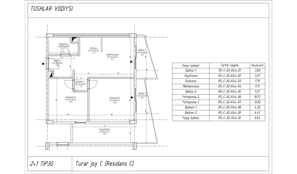 3-комнатная квартира 56.4 м²  3/7 этаж | Жилой комплекс TUSHLAR VODIYSI