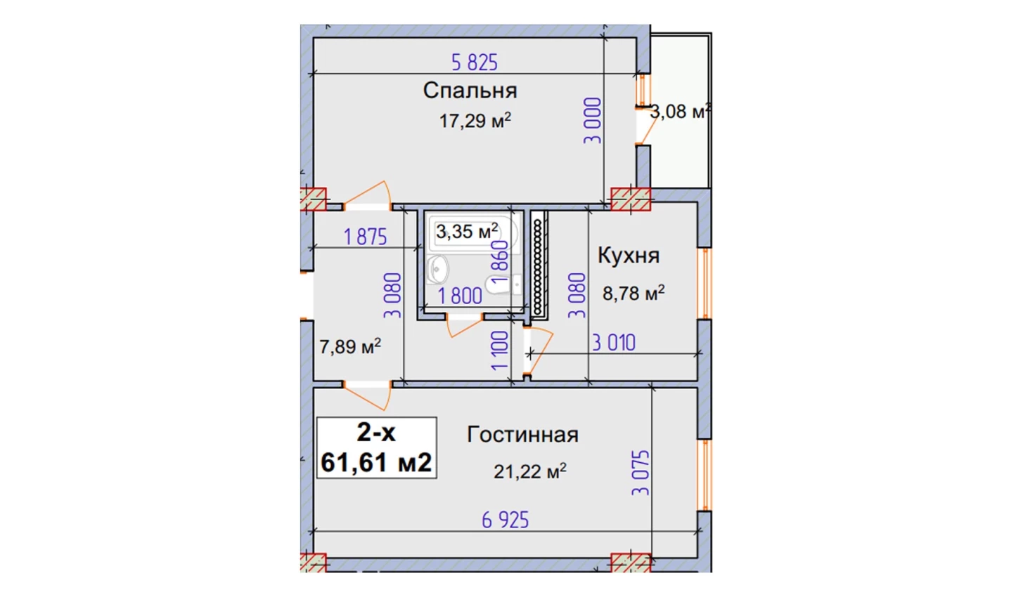 2-комнатная квартира 58.53 м²  8/8 этаж