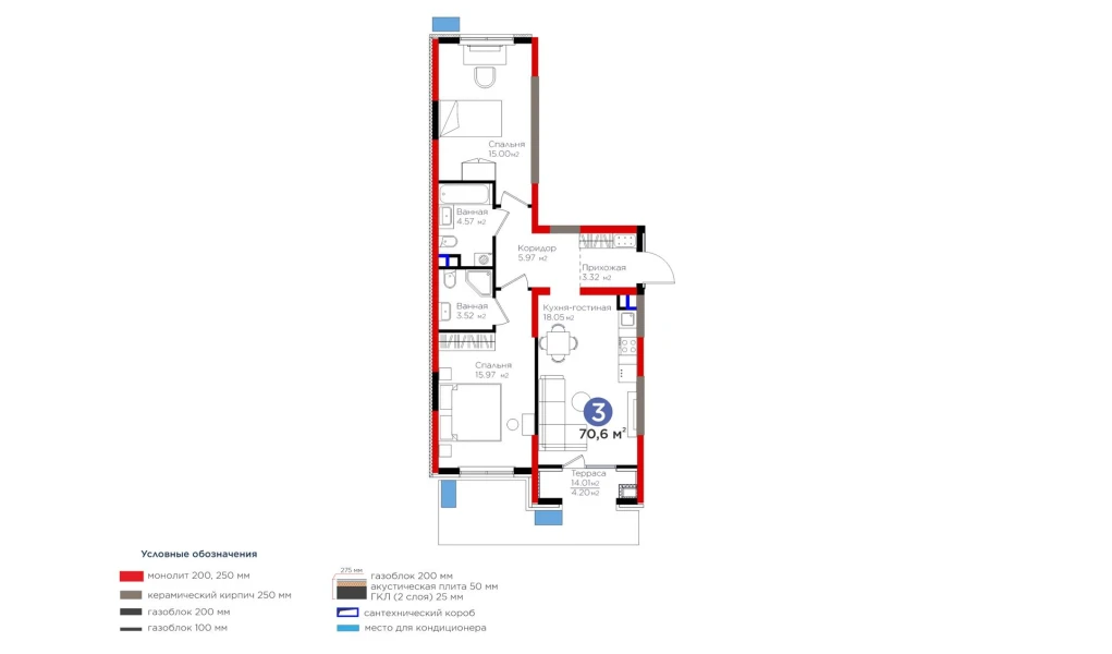 3-комнатная квартира 70.6 м²  3/3 этаж