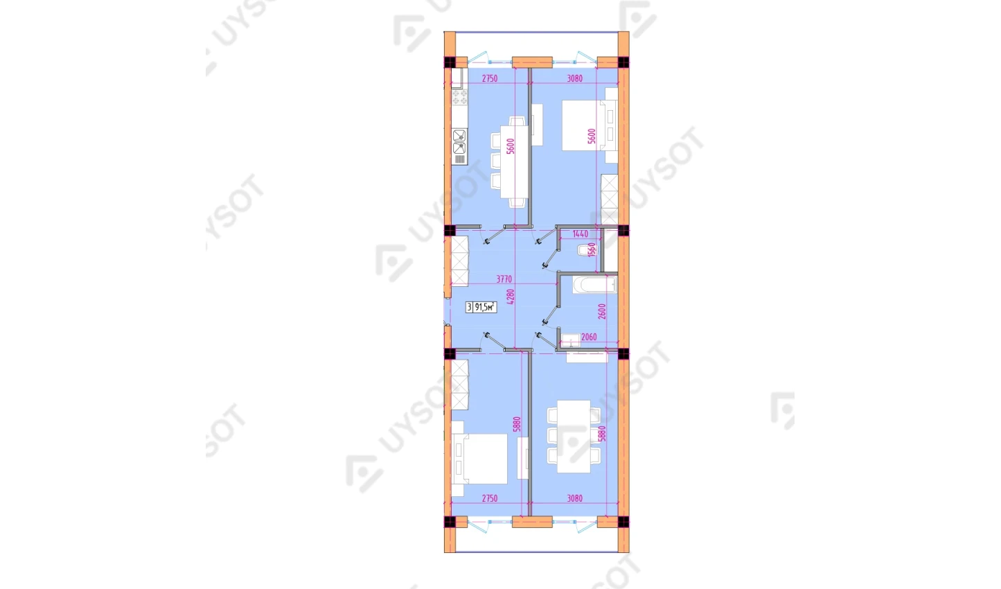 3-xonali xonadon 91.5 m²  12/12 qavat