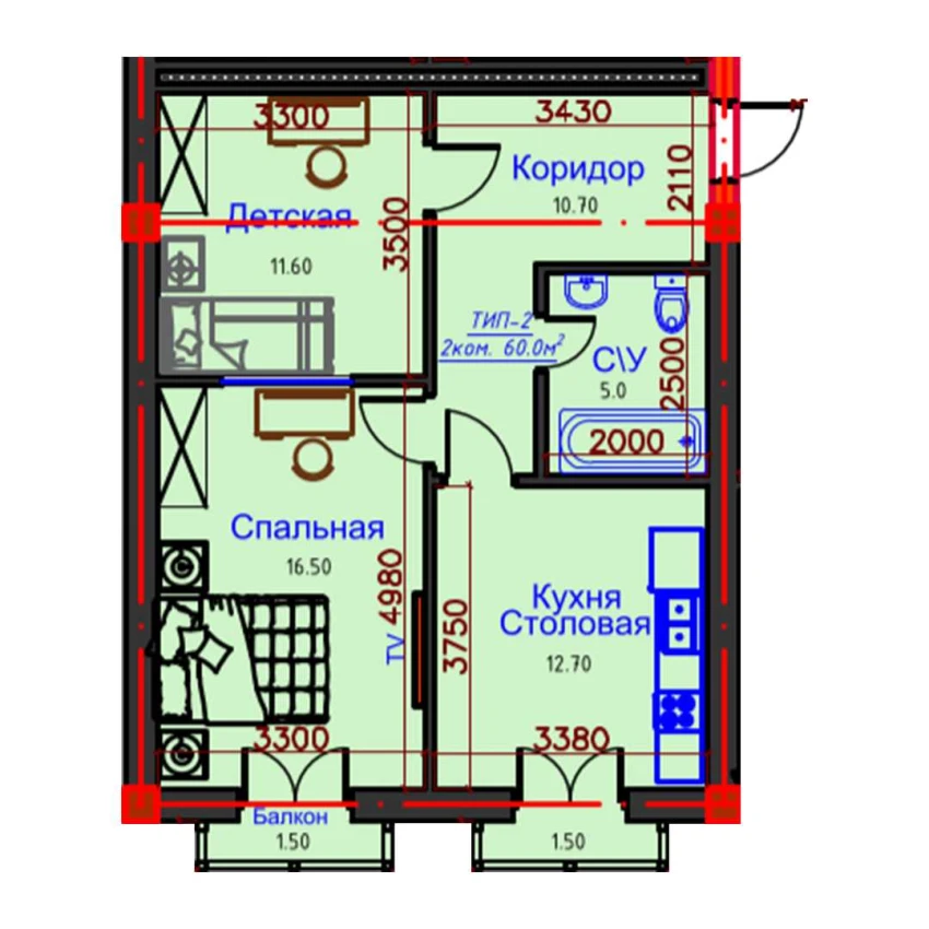 2-комн. квартира 60 м²  10/10 этаж | Жилой комплекс AFROSIYOB